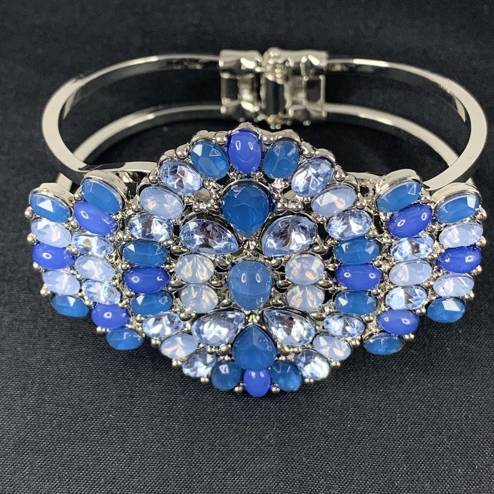 Blue Acrylic, Silver Tone Hinged Bracelet